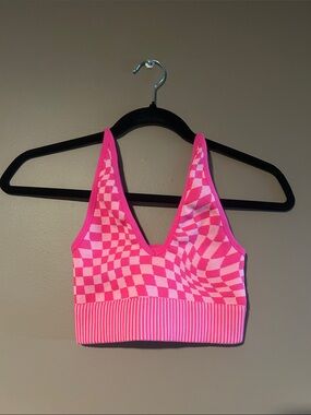 XS Garage Hot Pink & Light Pink Checkerboard V-Neck Crop Top